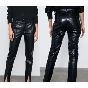 ZARA Faux Leather Trouser Pants Crocodile Embossed Front Hem Slit Black Zara all thumbnail 2