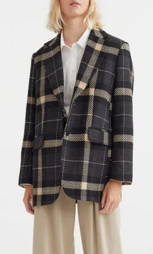 H&M Black and Cream Plaid Wool Blend Peacoat Medium thumbnail 1