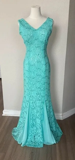 Y2K Eureka Aqua Mint Green Sequin Lace Mermaid Evening Gown Dress Medium thumbnail 1