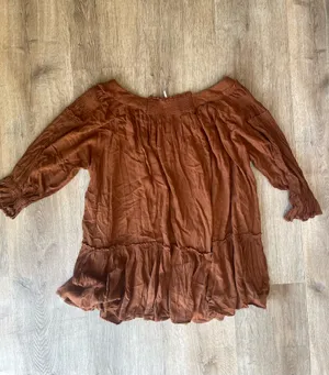 Free People Bea Mini Dress Rust Brown Boho Smocked Tiered Peasant XS thumbnail 6