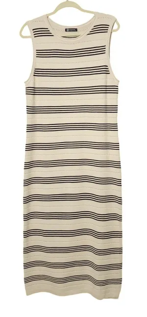 PrettyGarden Sweater Dress Womens Cream Black‎ Striped Side Slit, Large thumbnail 1