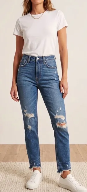 NWT Abercrombie & Fitch Medium Blue High-Rise Distressed Jeans thumbnail 1