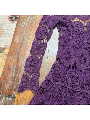 Free People Purple Crochet Lace Mini Dress Double Tie Back Tassel Bell Sleeve Sm thumbnail 3
