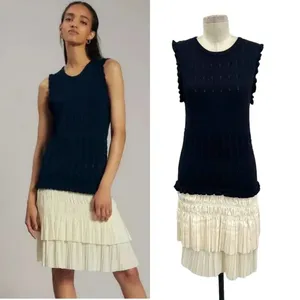 Anthropologie Current Air‎ Pleated Mini Dress Navy Blue Ivory White Size Large thumbnail 2