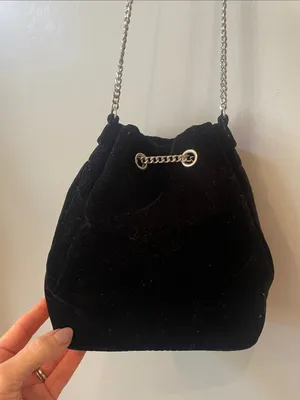 Black Velvet Drawstring Bucket Bag with Silver Chain Tassels thumbnail 4