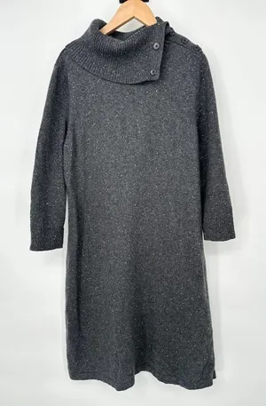 Talbots Sweater Dress Large Gray Speckled Button Cowl Neck Minimalist‎ Career thumbnail 1