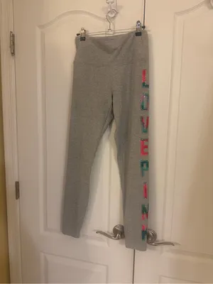 PINK Victoria's Secret Gray Leggings with Pink & Teal Lettering w/rhinestones! thumbnail 3