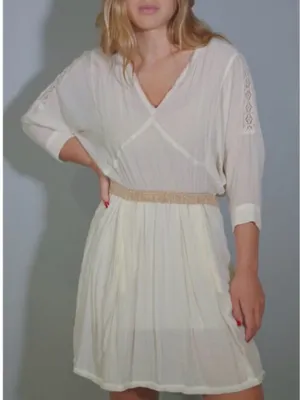 Lightweight Cream Gauze V-Neck Dress with Gold Waistband thumbnail 1