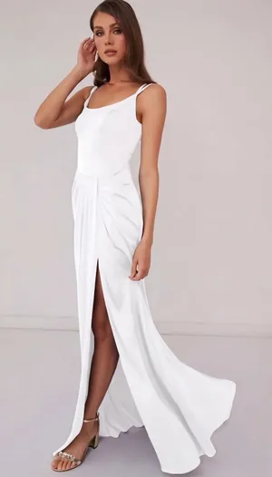 Azazie‎ x Barbie White Satin Ruched Corset Maxi Dress Side Slit Formal Gown thumbnail 1