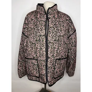 Floral Quilted Puffer Jacket Pink Green Black Open Front Pockets Large thumbnail 2