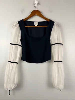 Anthropologie Maeve Balloon-Sleeve Top black white size small thumbnail 2