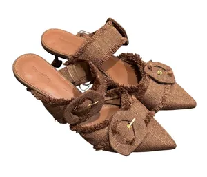 Mara & Mine Brown Canvas Raw-Edge Trim Mules - size 10 thumbnail 1