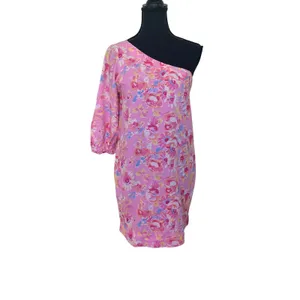 Something Navy Pink Floral Mini Dress MEDIUM One Shoulder Linen Shift Party $165 thumbnail 7