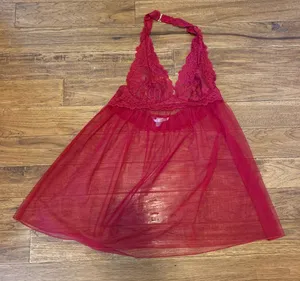 Victoria’s Secret S Red Mesh Lace Babydoll Halter Sheer Nightie‎ Top CP0177 thumbnail 1