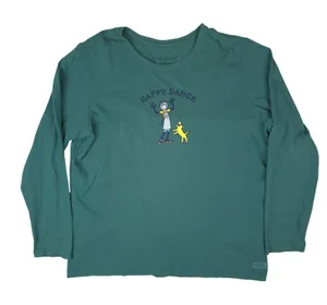Life is Good Long Sleeve T-Shirt Womens XXL Green Happy Dance Dog Graphic Tee thumbnail 1
