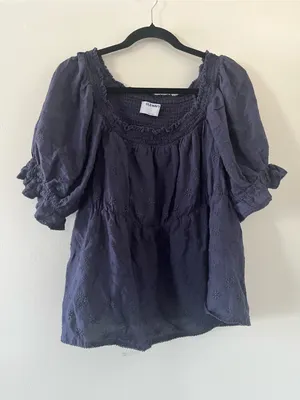 Old Navy Blue Embroidered Smocked Peasant Top Large Cottagecore Prairie Summer thumbnail 1