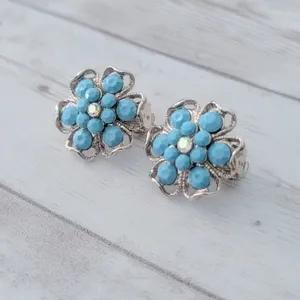Vintage Clip On Earrings Large Turquoise Tone & Silver Tone Flower Whimsical thumbnail 3