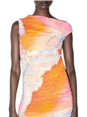 Zara Womens Ruched Mesh Mini Dress Abstract Sunset Watercolor Orange Pink medium thumbnail 1