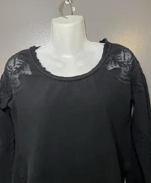 Free People Blouse Womens Small Black Embroidered Scoop Neck Long Sleeve Top thumbnail 1