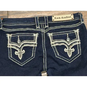 Rock Revival Janelle Bootcut‎ Jeans Dark Wash Low Rise Flap Pockets Bling SZ 28 thumbnail 10