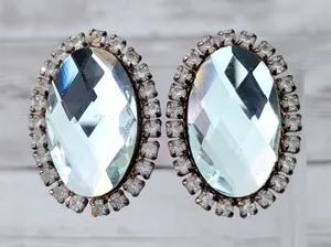Vintage Clip On Earrings Extra Large Clear Gem Oval with Halo 1 & 5/8" thumbnail 1