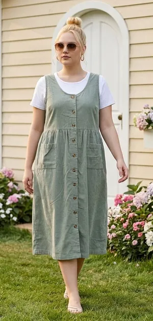 Vintage Style Sage Green Corduroy Button-Front Midi Pinafore Dress Pockets Fall thumbnail 1