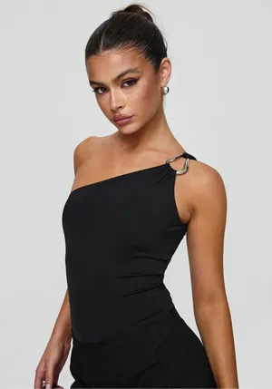 Princess Polly black Talija One Shoulder Bodysuit with silver metal detail thumbnail 1
