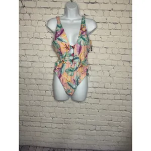 Bar III Women's XL Plunge Lace-Up Tropical Print‎ One Piece Swimsuit NWT thumbnail 2