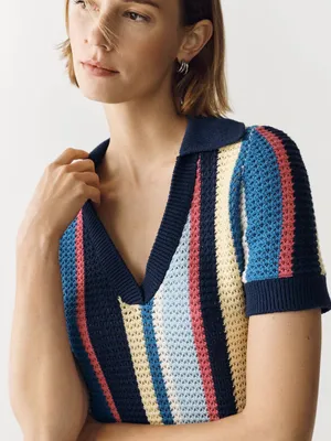 Maeve Anthropologie Multi Stripe Collared Crochet Knit Mini Dress Size Small NWT thumbnail 2