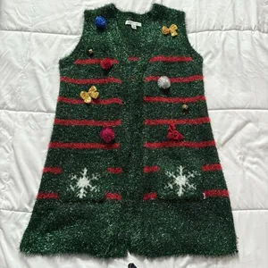 99‎ Jane Street Christmas Cardigan Womens Medium Green Open Front Holiday Vest thumbnail 1