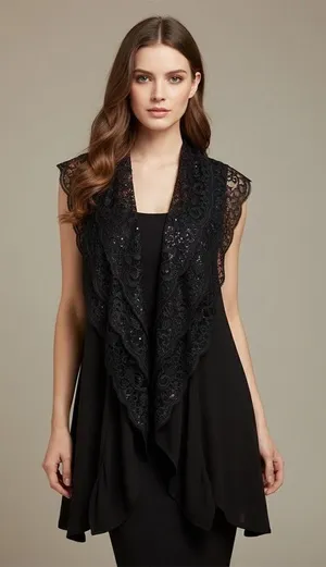 ALICE + OLIVIA Black Cascading Ruffled Knit Floral Lace Sweater Vest Cashmere XS thumbnail 1