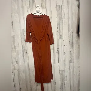 Zara Rust Orange Tie Front Maxi Dress Size M | V Neck 3/4 Sleeve Stretch thumbnail 6