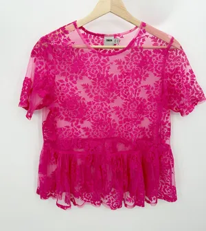 ASOS Pink Sheer Floral Short Sleeve Crew Neck Babydoll Top‎ Women's Size 2 thumbnail 1