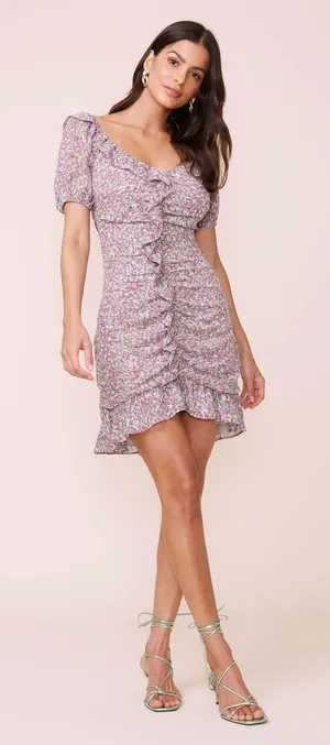 ASTR Shirred Ruffle Mini Dress Teal & Purple Ditsy Floral thumbnail 3