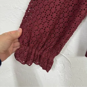 Madewell Texture & Thread Burgundy Knit Puff Sleeve Sweater Womens M Fall Eyelet thumbnail 3