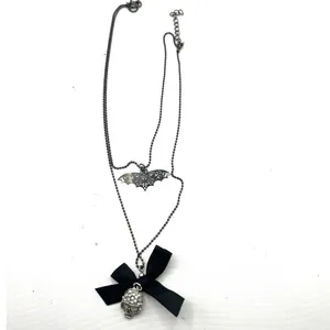 gothic layered necklace bat pendant rhinestone skull charm black bow Halloween thumbnail 2