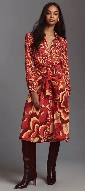 Farm Rio Long-Sleeve V-Neck Floral Midi Shirt Dress women's size medium thumbnail 1