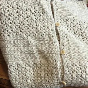 Eddie Bauer Hand Crocheted Linen Cotton Open Knit Button Down Sweater Medium VTG thumbnail 6