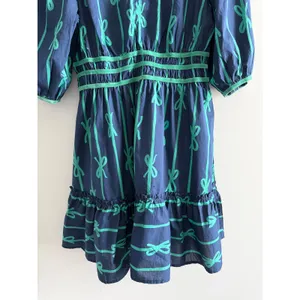 Umgee‎ Navy Blue Green Bow Print Cotton Midi Dress Medium Puff Sleeve thumbnail 11