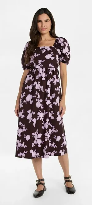 Time and Tru Floral Cotton Back Tie Midi Dress with Short Puff Sleeves thumbnail 1