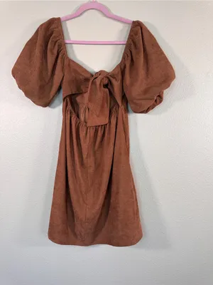 Audrey Parks Brown Corduroy Puff Sleeve Mini Dress Womens S Francesca Casual thumbnail 6