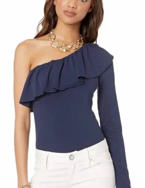 Lilly Pulitzer Kourtney One Shoulder Navy Bodysuit Women's Size M Pima Cotton thumbnail 1