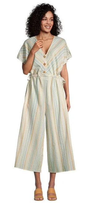 World Market Shilo Striped Wide Leg Cinch Waist‎ Jumpsuit Ivory Multi Cropped thumbnail 1
