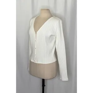 VINCE Pearl Button Cardigan Sweater Off White Ribbed Cropped V Neck‎ X-Large thumbnail 7