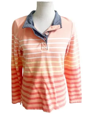 L.L. Bean Women’s Rugby Pullover Striped Chambray Collared Size Small Peach thumbnail 1