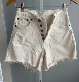 Abercrombie & Fitch White High-Rise Raw Hem Denim Shorts thumbnail 1