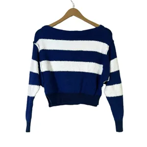 Free People Found My Friend Striped Bouclé Knit Sweater Navy Blue White Size XS thumbnail 4