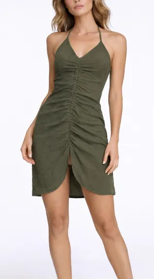 MABLE‎ Olive Green Ruched Halter Neck Mini Dress Size M thumbnail 1