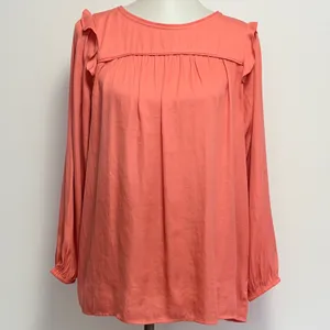 LOFT Outlet Blouse Size M Coral Ruffle Shoulder Long Sleeve Pleated Top Preppy thumbnail 2
