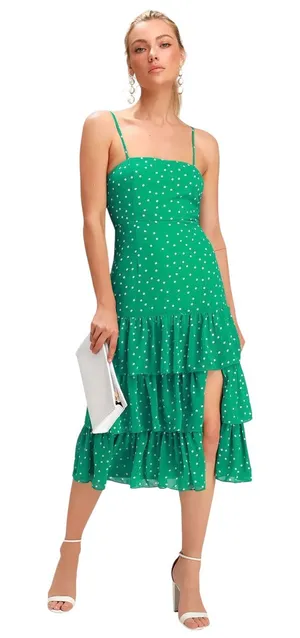 Lulus Nellie Green Polka Dot Ruffled Midi Dress size Large NWT thumbnail 1